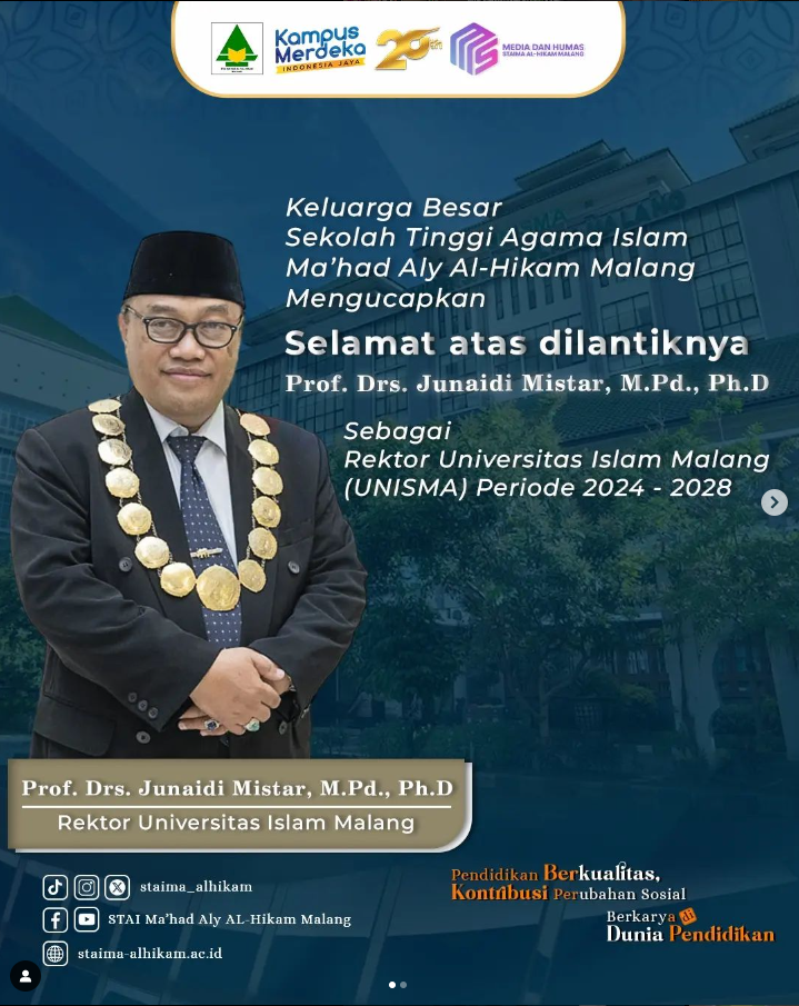 Prof. Drs. Junaidi Mistar, M.Pd., Ph.D sebagai Rektor Universitas Islam Malang (UNISMA) periode 2024-2028.